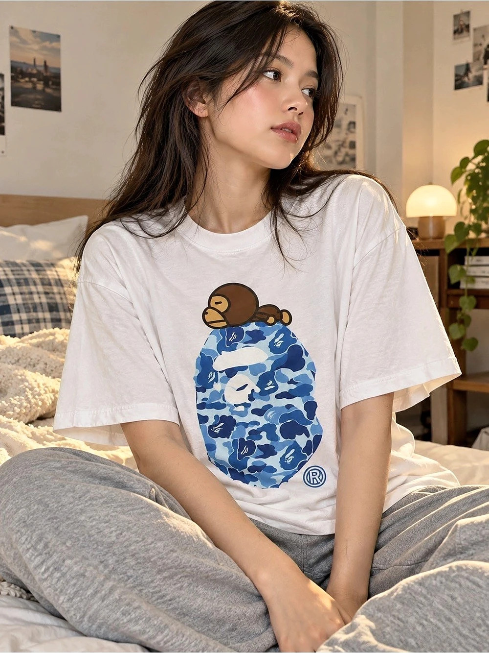 Baby Milo Blue Camo Ape Graphic Tee Gildan Reprint โ White